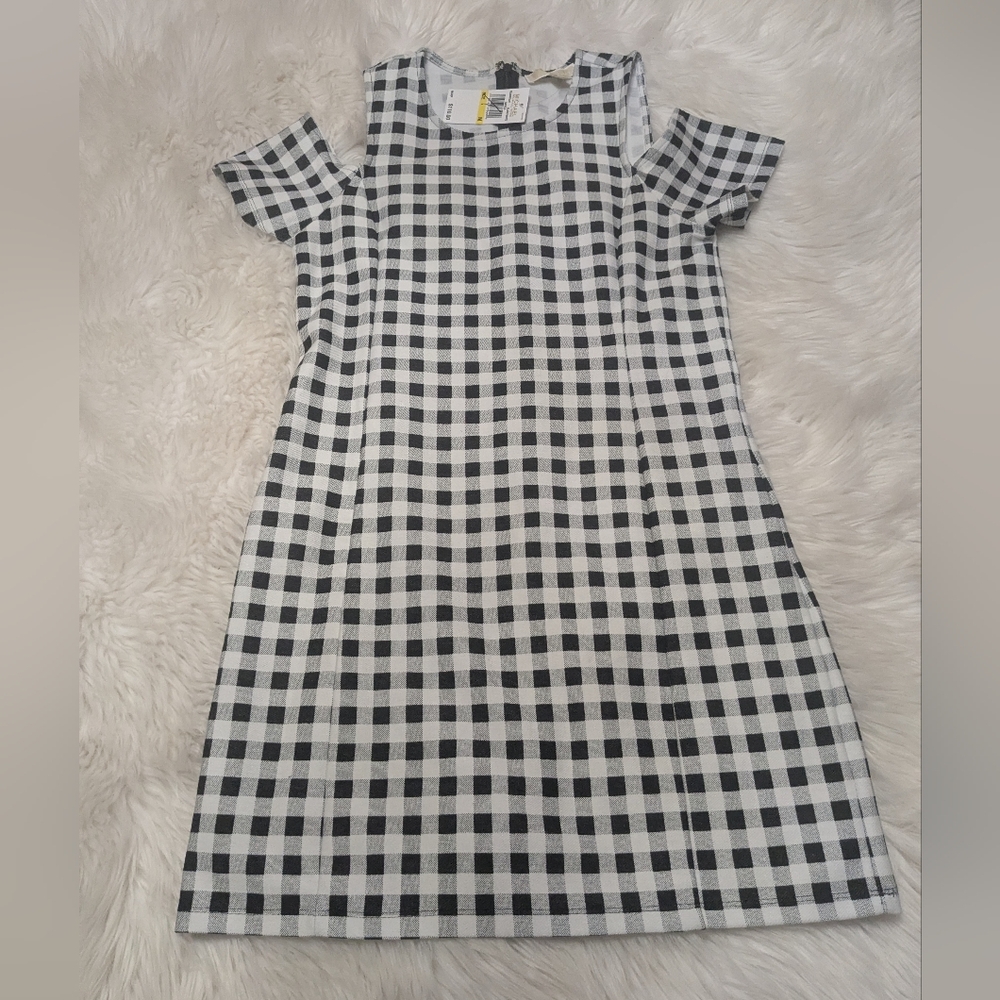 NWT  Michael Michael Kors Cotton Plaid Shift Checkered Dress Medium Short Sleeve
